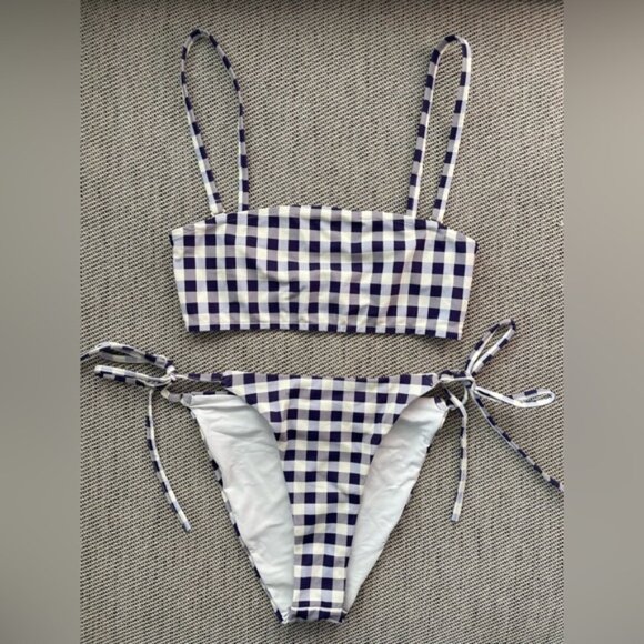 NEW Self-Portrait Navy Gingham Bikini Top & Bottom Removable Strap | US 2 UK 6 - Picture 6 of 12